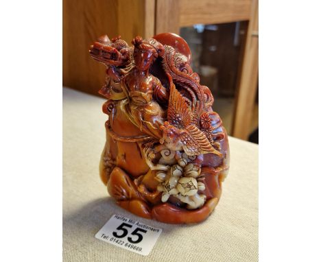 Heavily Carved Red Chinese Soapstone Seal - approx 12cm tall