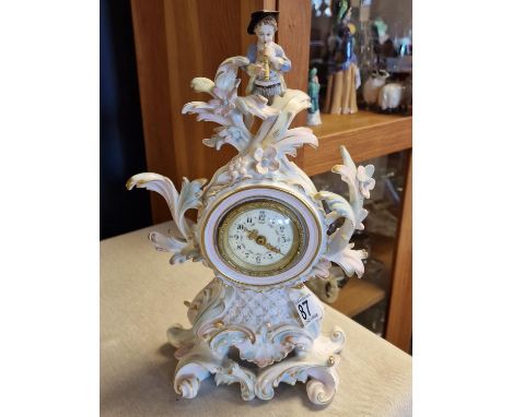 Antique German Volkstedt Pottery Figural Mantel Clock - Meissen or Dresden Interest