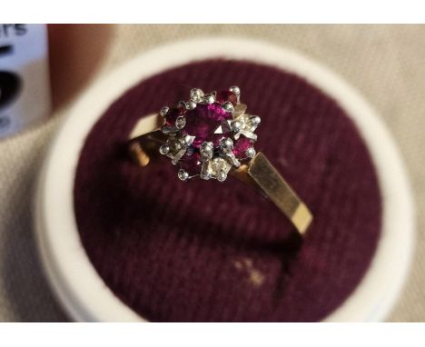 9ct Gold, Ruby &amp; Diamond Cluster Ring, 2.45g, size T