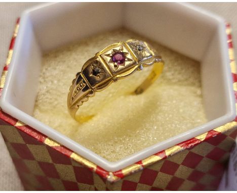 Antique 15ct Gold, Ruby &amp; Diamond Mourning Ring, size P+0.5