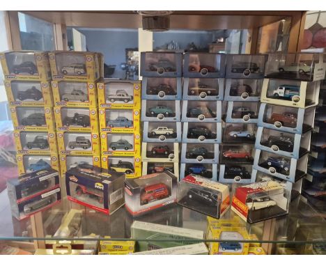 One Shelf of 1:76 Scale Railway Cars and Trucks by Classix, Oxford, Corgi, Bachmann, and Hornby, 44 in total