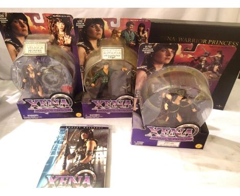 Three Xena dolls; Autolycus, Xena and Velasca H: 15 cm, guide book and thirty six DVDs (all 6 series sets, volumes 1 and 2, m