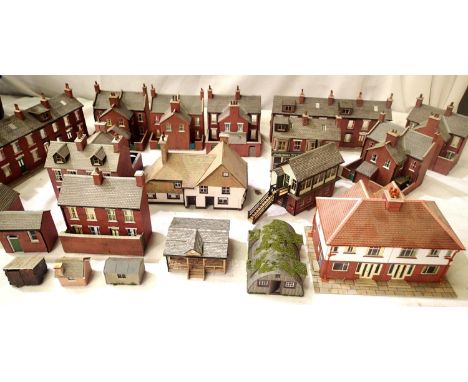 Twenty OO scale built card buildings, includes low relief, mostly in very good - excellent condition. P&amp;P Group 3 (£25+VA