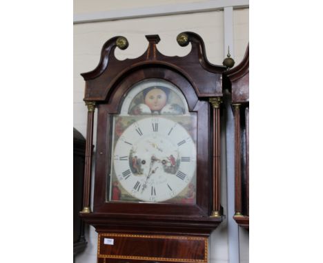 A North Country early 19th Century mahogany inlaid long case clock, painted arch dial with moon roller signed Radcliff Elland