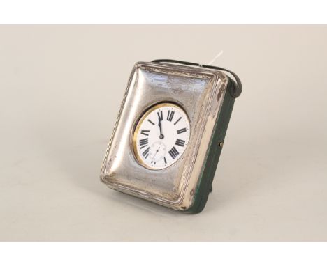 An early 20th Century hallmarked silver Goliath pocket watch stand with white metal Goliath pocket watch, green leather easel