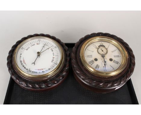 An American ships clock by Ansonia plus a similar cased barometer