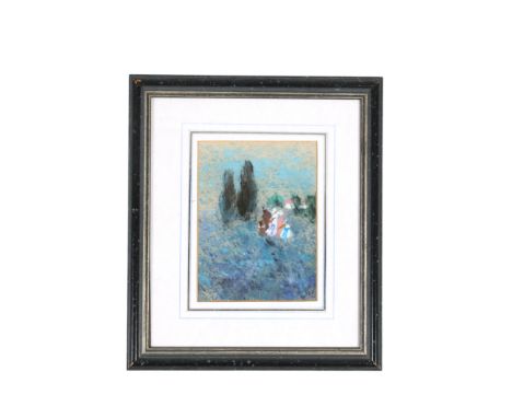 Gabrielle Bellocq (French, 1920-1999), pastel drawing, figures in a field. Signed lower right, 15.5cm x 11.5cm, framed and gl