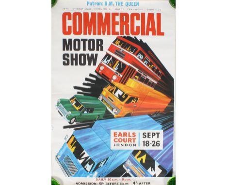 A vintage transport poster promoting the London Transport Show. Having pictures of various vehicles, 76cm x 50.5cm