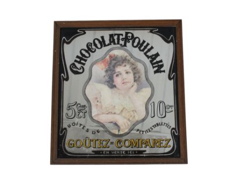 A vintage advertising mirror for 'Chocolat Poulain'. A shaped reserve to the centre with a portriat of a young girl, 42.5cm x