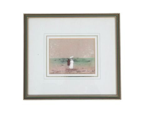 Gabrielle Bellocq (French, 1920-1999), pastel drawing, a couple on a beach. Signed lower right, 12cm x 15cm, framed and glaze