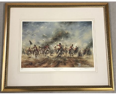 A limited edition framed and glazed print, "Pounding Hearts and Hooves", The Battle Of Waterloo. By David Cartwright; signed 
