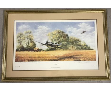 A framed and glazed limited edition print "Messerschmitt!" by Bill Perring. Number 364/850; signed by artist . Frame size app