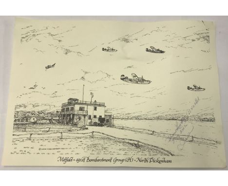 A unframed print of "Metfield 491st bombardment Group (H) North Pickenham" airfield. Signed by American serviceman D. Leggett