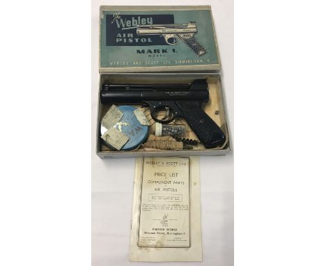 A Webley Mark 1 model 2001 .22 calibre air pistol in original box. Complete with Webley &amp; Scott Ltd price list, pellets, 