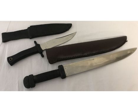 A machete style steel bladed knife with shagreen style handle in a leather sheath. Together with a hunting knife bearing init