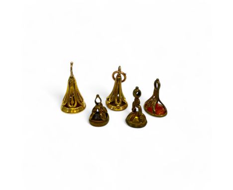 Collection Of Five Early 19th Century Intaglio Fob Seals 3 Gold Plated And 2 Yellow Metal Varied Testing.  Yellow Metal Fobs 