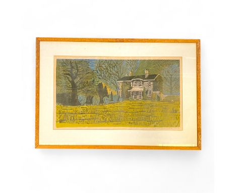 Myers (British, 20th Century) 'Botanical Gardens Cambridge' woodcut, titled signed and dated '73', 39cm by 66.5cm, mounted gl