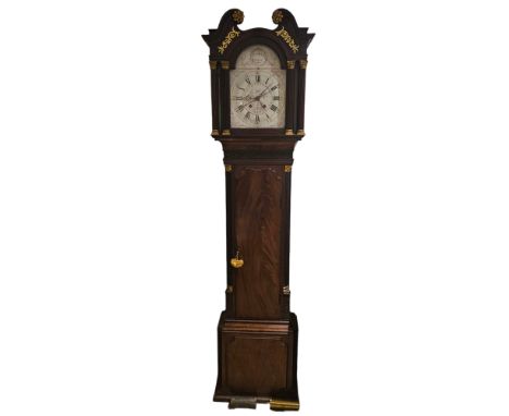 A rare George III parcel gilt and mahogany longcase clock, striking on a bell, the Battersea enamel dial decorated in puce on