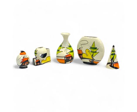 A group of five Lorna Bailey "The Limes" pattern porcelain items, comprising a round vase, an asymmetrical baluster form vase