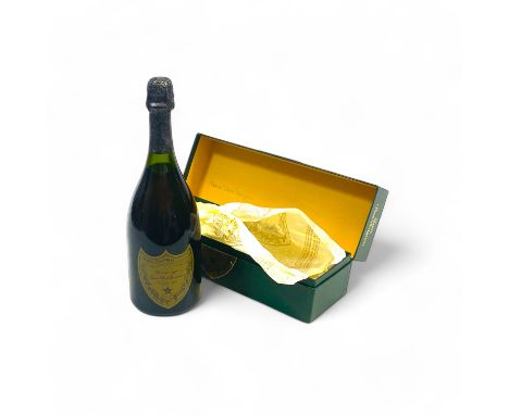 A bottle of 1975 vintage Moet et Chandon Cuvee Dom Perignon champagne.
