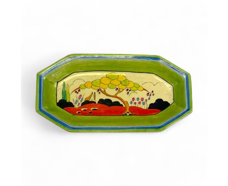 A Clarice Cliff Bizarre "Applique Idyll" pattern 334 octagonal sandwich plate, with painted decoration centered with a stylis
