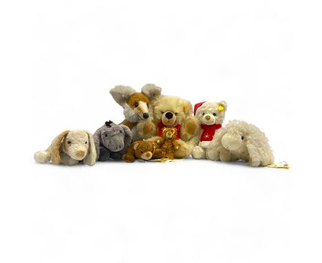 A collection of Steiff Cosy Friends, to include a Christmas bear, a sheep, a puppy, a donkey, a cream bear, a brown bear, a f