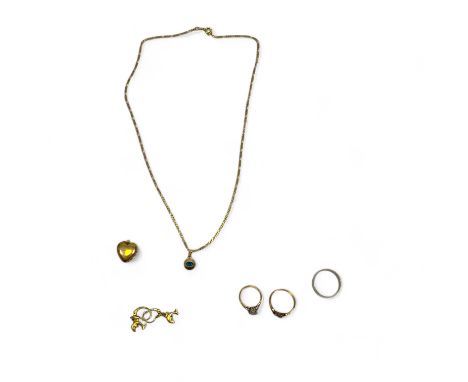 Two Yellow Metal Rings, A Silver ring, A 14k marked pendant &amp; Chain and a 9ct back &amp; front locket. One ring with two 