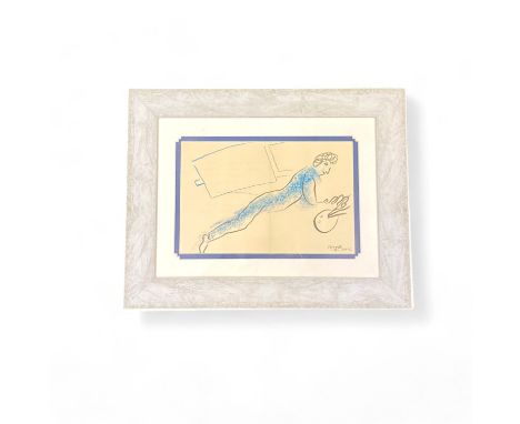Marc Chagall lithograph "Painter in Blue" plate signed, created for the opening of the exhibition "28 gouaches" by Marc Chaga