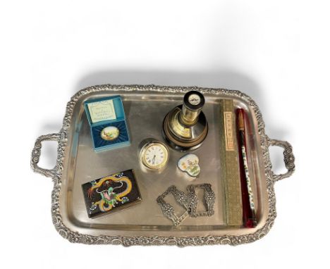 A pair of silver plated trays, together with a Wetter-Saule hygrometer barometer, a Dunhill clock, a cloisonne box, a cloison