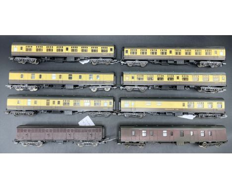 8 OO gauge Lima coaches, 'Ready-to-Roll'(1300g)Six BR Chocolate & Cream (one showing glue)Two Maroon weathered and finely pai