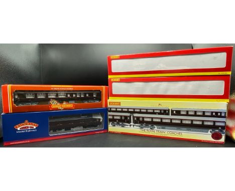 Seven OO Royal Train coaches including Hornby R4197 'The Royal Train' Coach Pack, each boxed and appearing unopened, Made in 