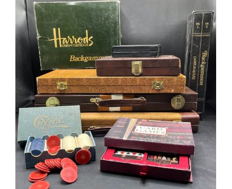 Seven Backgammon sets, vintage Poker chips and Card games book with two packs(8800g) - Condition - Fair/Good