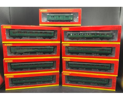 A rake of nine OO gauge Hornby BR Southern Green Maunsell coaches, each boxed and appearing unopened, Made in ChinaNo duplica