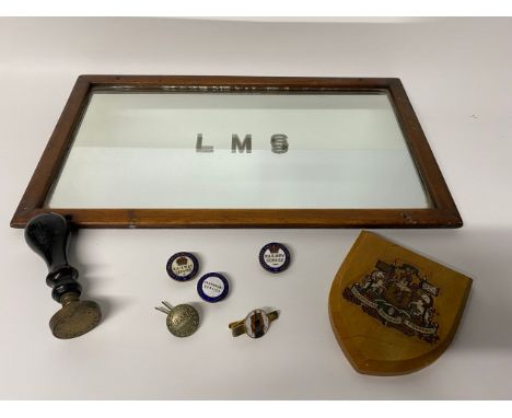 L.M.S Carriage Mirror, WW1 Railway Service Badges, Brass Station Stamp, Tie Pin & Wooden Shield Plaque. (8). 1800g1. L.M.S Ca