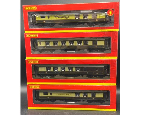 A rake of four OO gauge Hornby Brown and Cream Pullman coaches, each boxed and appearing unopened, Made in China (1100g) Horn