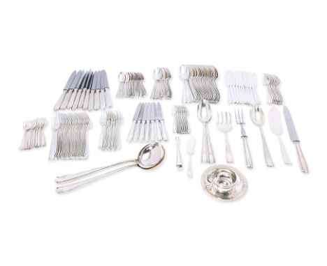 A SERVICE OF FRENCH ART DECO SILVER-PLATED CUTLERY
Boulenger, circa 1930

Comprising: 
23 table forks, 27 table spoons, 10 ta