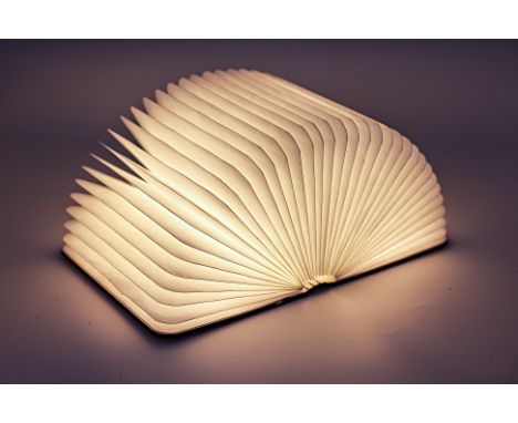 A LUMIO MULTI FUNCTIONAL PORTABLE BOOK FORM LAMP With wooden binding, with charger and leather hanging attachment, with box 2