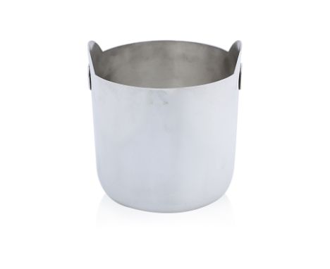 A SILVER PLATED WINE COOLER
Of plain cylindrical form with arched handles to the rim
19cm high (include handle); 18cm diamete