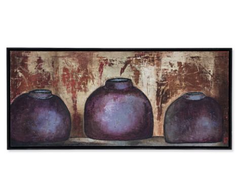 GEE MICHAUD (CONTEMPORARY) - THREE CERAMIC POTS
Acrylic on canvas, signed lower right
73.5cm x 157.5cm
Condition: For a condi