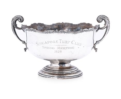 A SINGAPORE TURF CLUB PRESENTATION SILVER TWIN HANDLED BOWL
Adie Brothers, Birmingham 1928,
With twin scroll handles, undulat