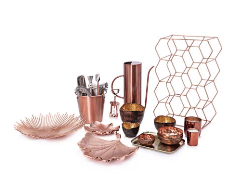 A QUANTITY OF COPPER FINISH ITEMS
Comprising a wine rack; a Crate & Barrel watering can; a set of three hammered metal, neste