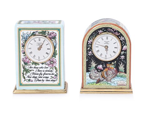 TWO HALCYON DAYS ENAMEL CLOKS
Two Halcyon Days enamel clocks, the dial with roman numbers indicating the hours. One clock wit