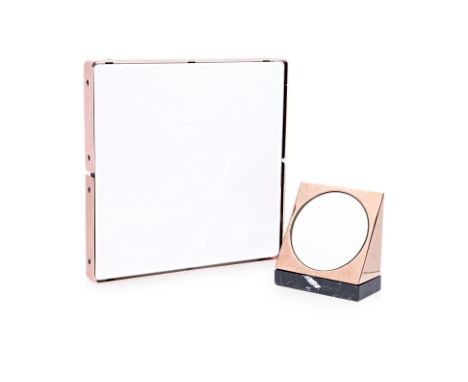 *A TOM DIXON WEDGE MIRROR WITH BASE AND A SQUARE MIRROR
The TOm Dixon item with box; the copper wall mirror unmarked
40.5 X 4
