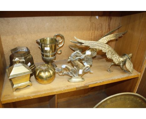 A quantity of metalware to include an Indian tray, a tobacco jar and cover, a pair of brass models of pheasants, a jar and co