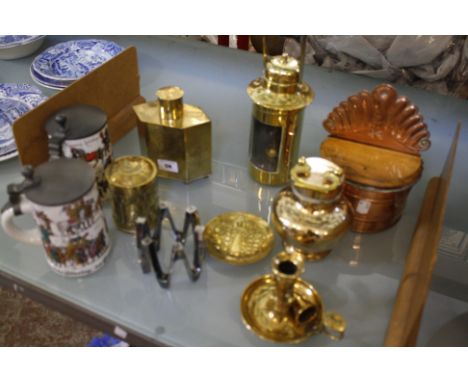 A quantity of brassware to include a miners lamp, lidded box and other items 