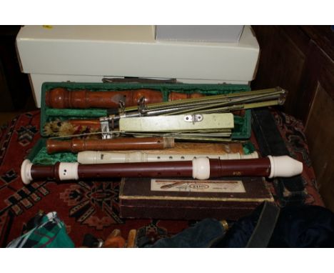 Vintage wood recorder, four others and music stand