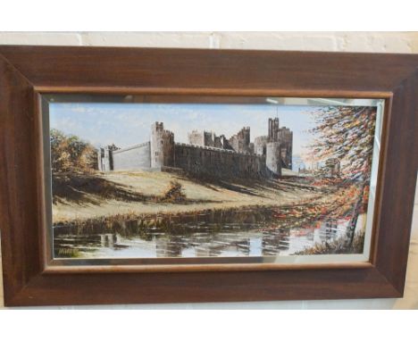 Palette knife oil painting on board - Alnwick Castle signed by the artist Dallas K Taylor dated verso  1987. 29.5 x 55.5 cm