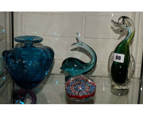 1950s cased clear and blue green model of a stylised duck by Murano Italy, a blue glass whale, a Mdina glass vase and a Mille