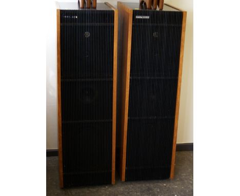 Pair of mid 20th century floor standing hi-fi speakers by Cambridge Audio Model R50 in black and teak cabinets standing 108 c