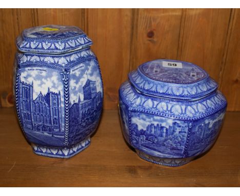 Ringtons Maling Pottery Castles pattern tea caddy with North East Coast Exhibition lid and a taller tea caddy and lid depicti